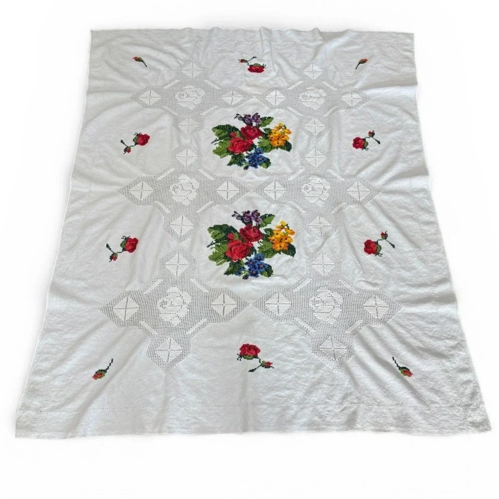 Vintage Hand Embroidered Openwork Floral Tablecloth White Cotton‎ 44