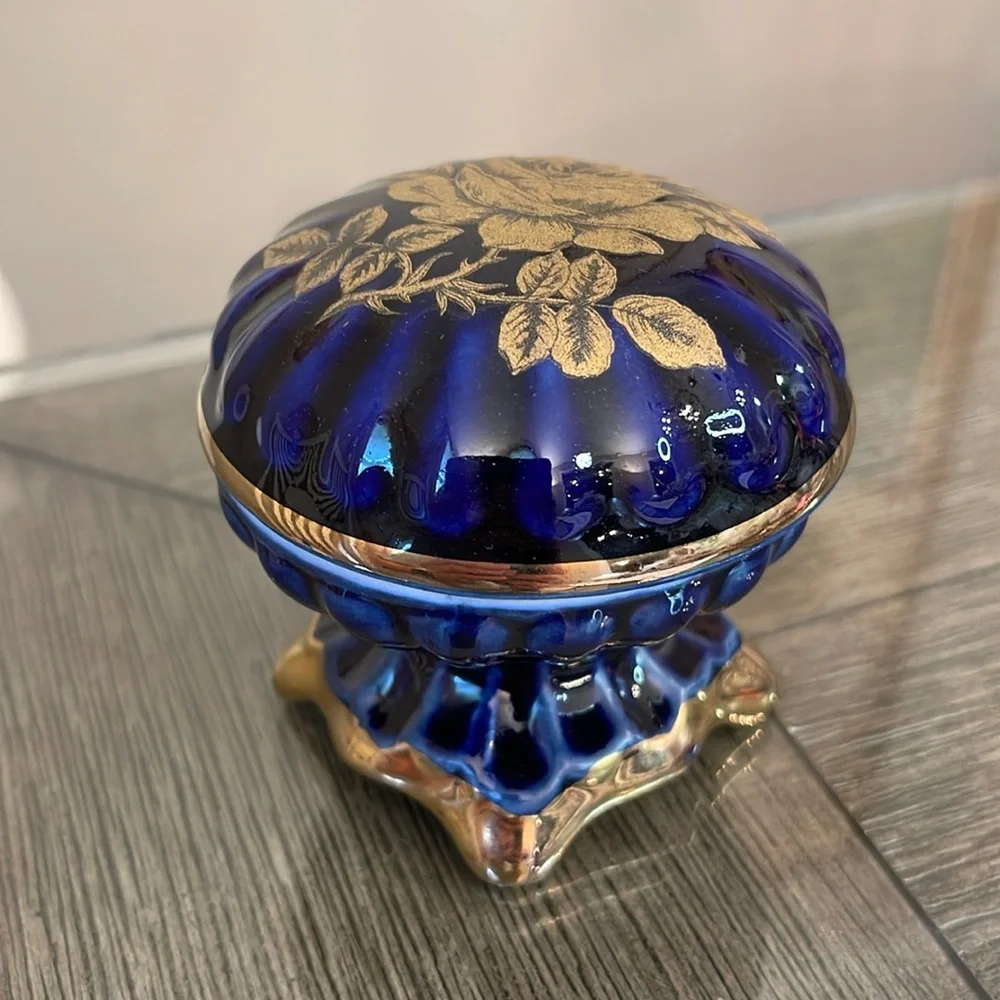 Vintage Cobalt Blue & Gold Footed Trinket Box