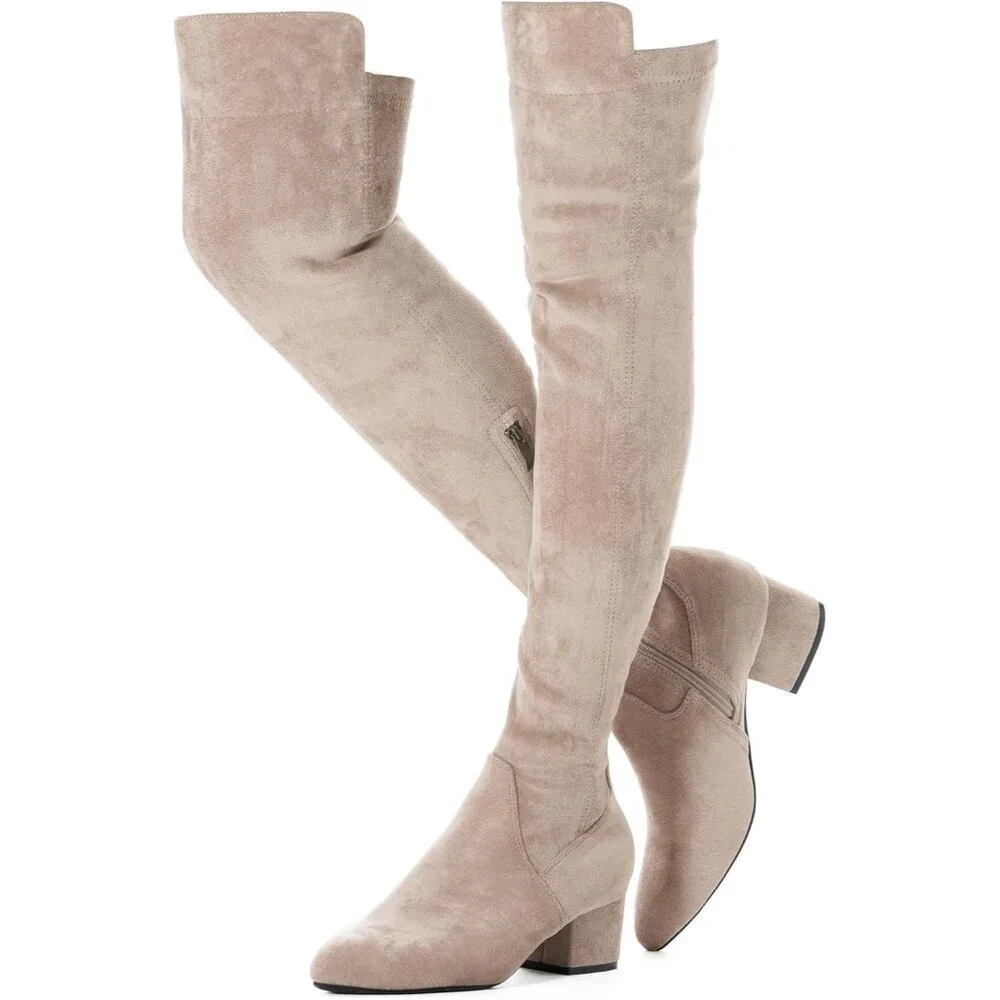 Women Beige\2 Ihch Suede Over the Knee Thigh High Chunky Block Heel Boots
