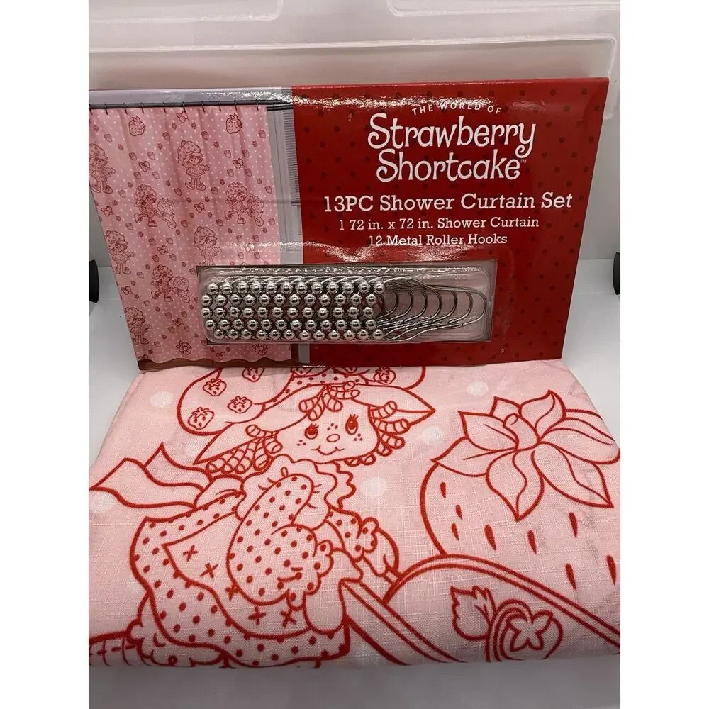 NEW🍓13-Piece Strawberry Shortcake Fabric Shower Curtain Set 72