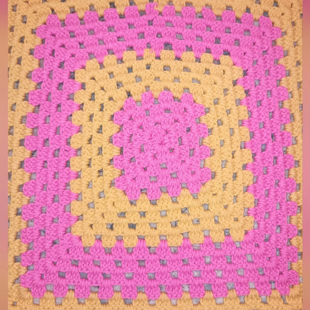 Granny Square Hand Made Crochet Hot Pink yellow Small Lap Blanket