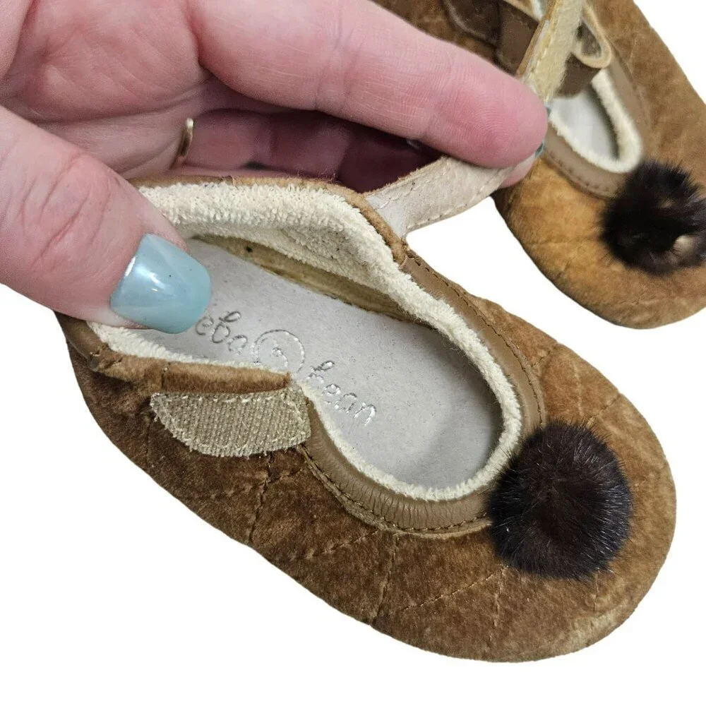 Beba Bean Infant Shoes Fur‎ Pom-Poms & Hook-And-Loop Closure 3-6 Months