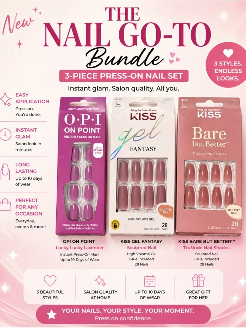 Kiss Gel Fantasy & Bare But Better Nude Press-On Nail Bundle - Pink & Lavender