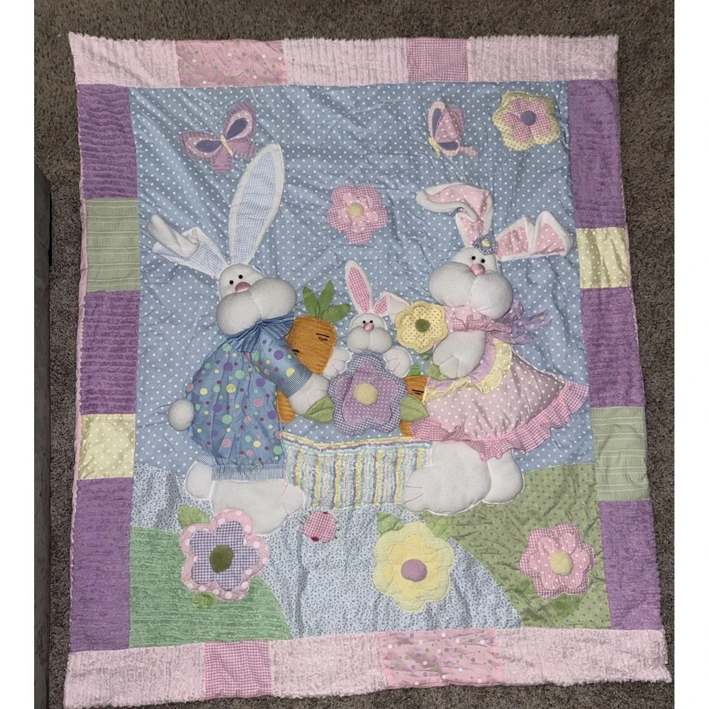 Vintage‎ Baby Bunny Patchwork Quilt 3D Appliqué Pastel Nursery Quilt 58x50