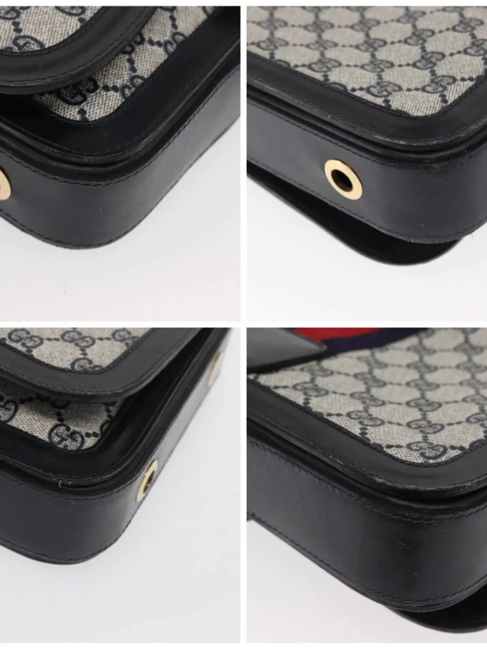 GUCCI GG Supreme Sherry Line Shoulder Bag PVC Navy Gold Auth ka2109