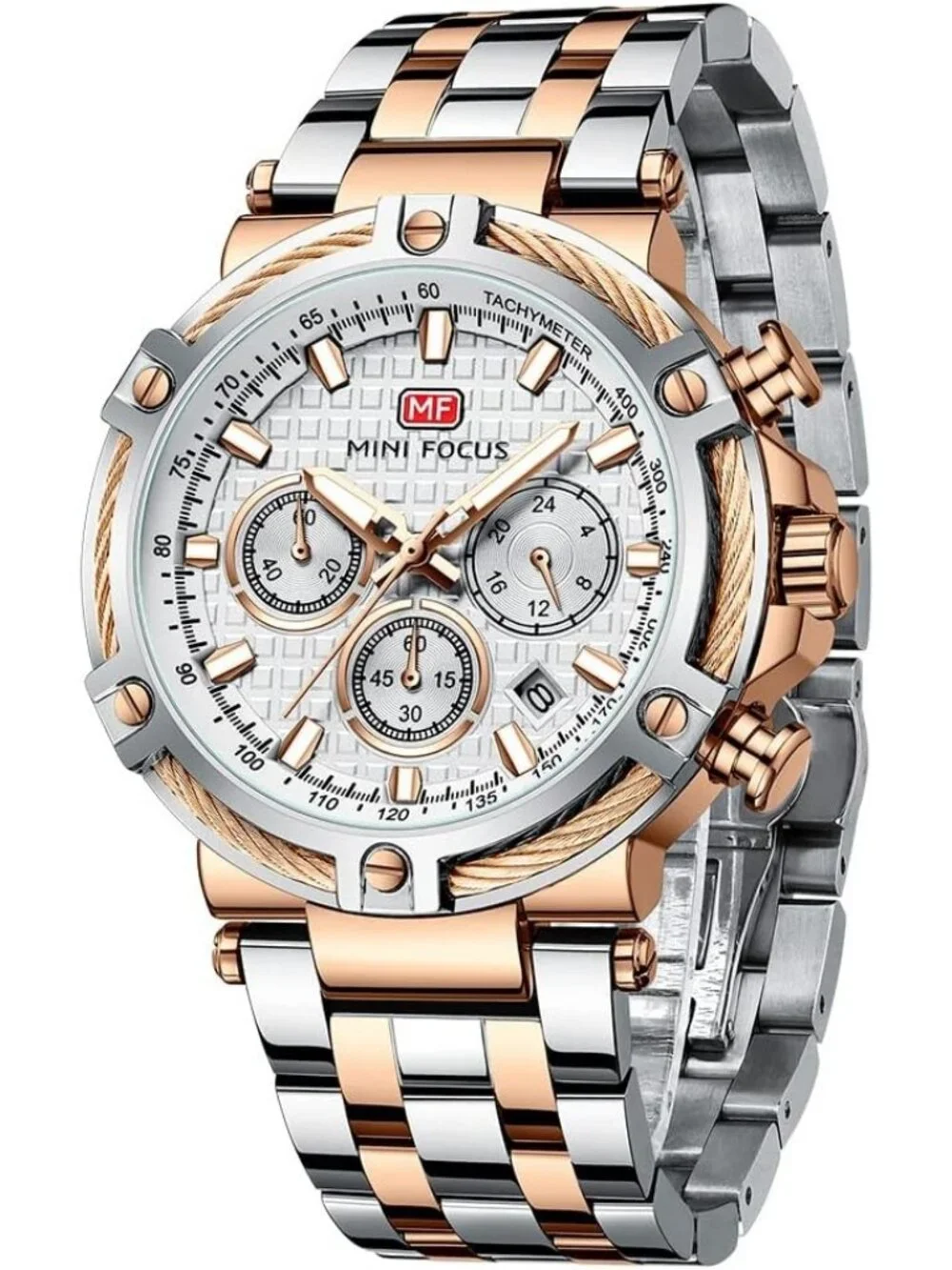 Mens Silver Rose Gold Stainless Steel Band Chronograph Waterproof Luminous Watch
