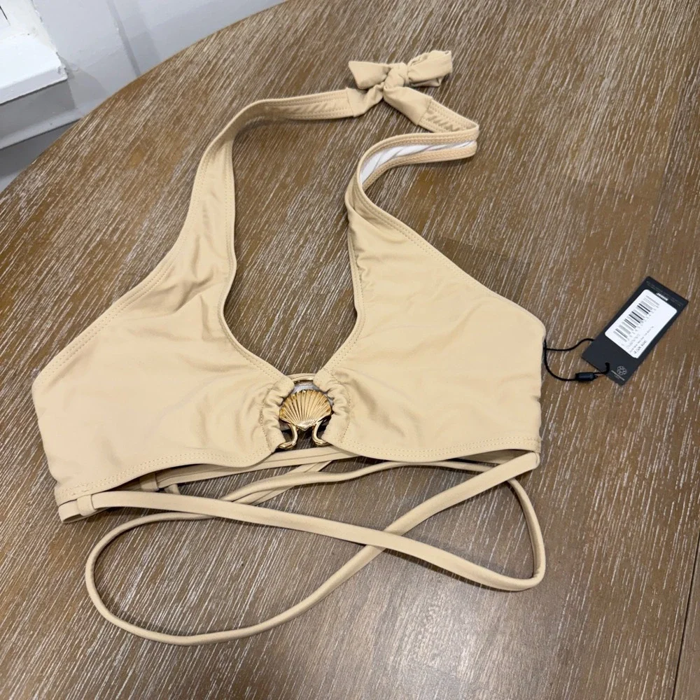 PrettyLittleThing Stone Halter Neck Shell Trim Beige Bikini Top‎ 4 Beach Neutral