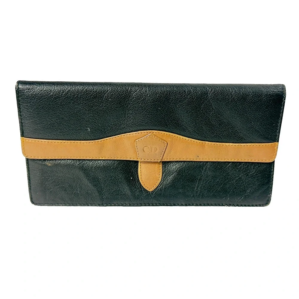 Vintage 80s Christian Dior Wallet Women Blk Leather Clutch CD Logo Envelope Bag‎