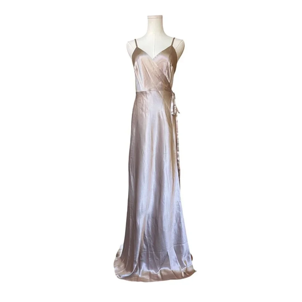 Birdy Grey Cindy Satin Bridesmaid Dress Size S NWT Taupe Wrap Tie‎ Wedding Guest