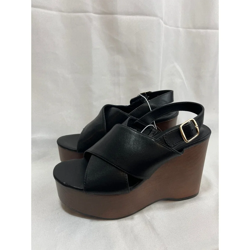 Universal Thread Black Platform Wedge Sandals Crisscross Slingback Wood Look 6.5