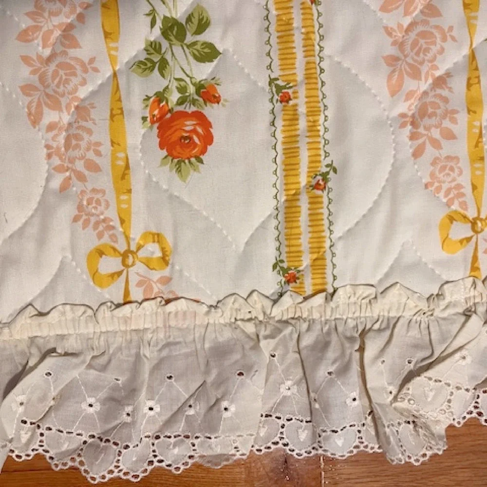 Vintage pair of pillow shams yellow floral striped with lace trim