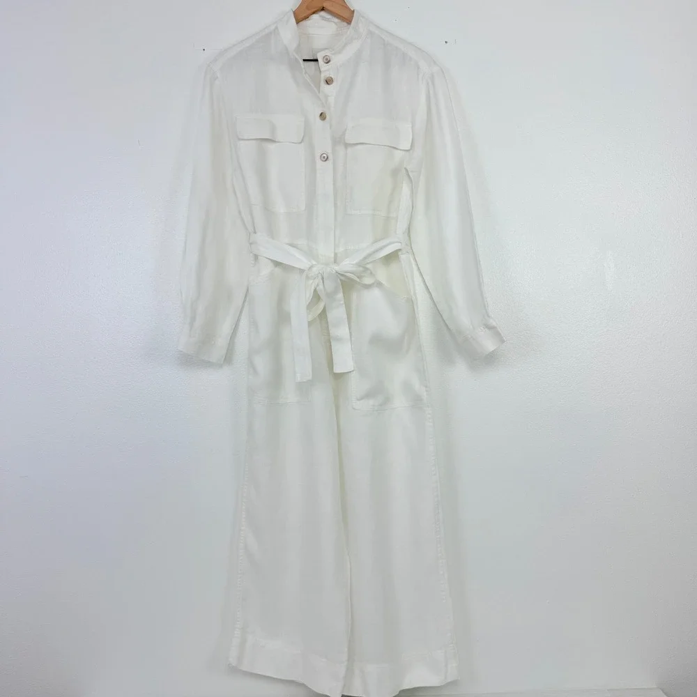 Banana Republic Utility Jumpsuit Womens S White Linen Blend Belted Wide Leg