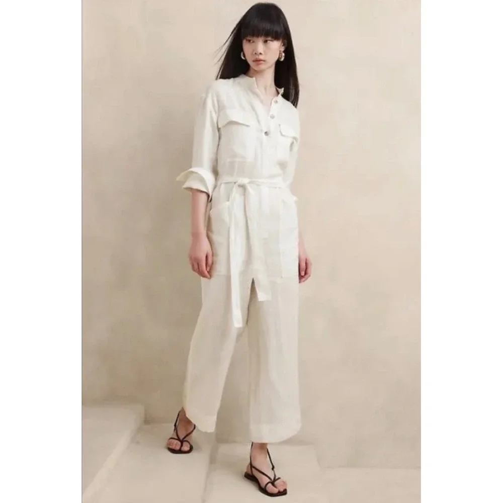 Banana Republic Utility Jumpsuit Womens S White Linen Blend Belted Wide Leg