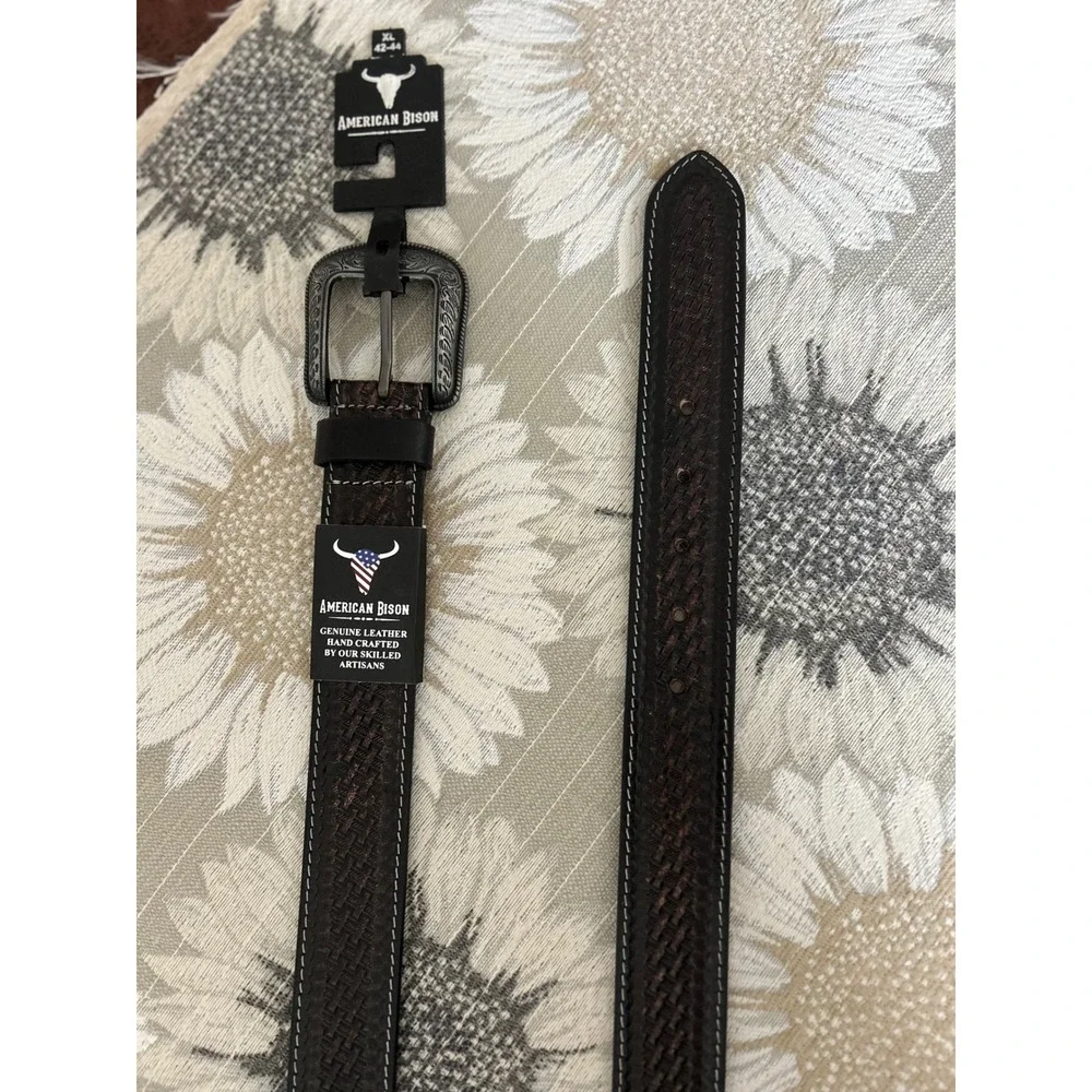 American Bison Mens Brown‎ Leather Basketweave Belt Ornate Buckle XL 42-44