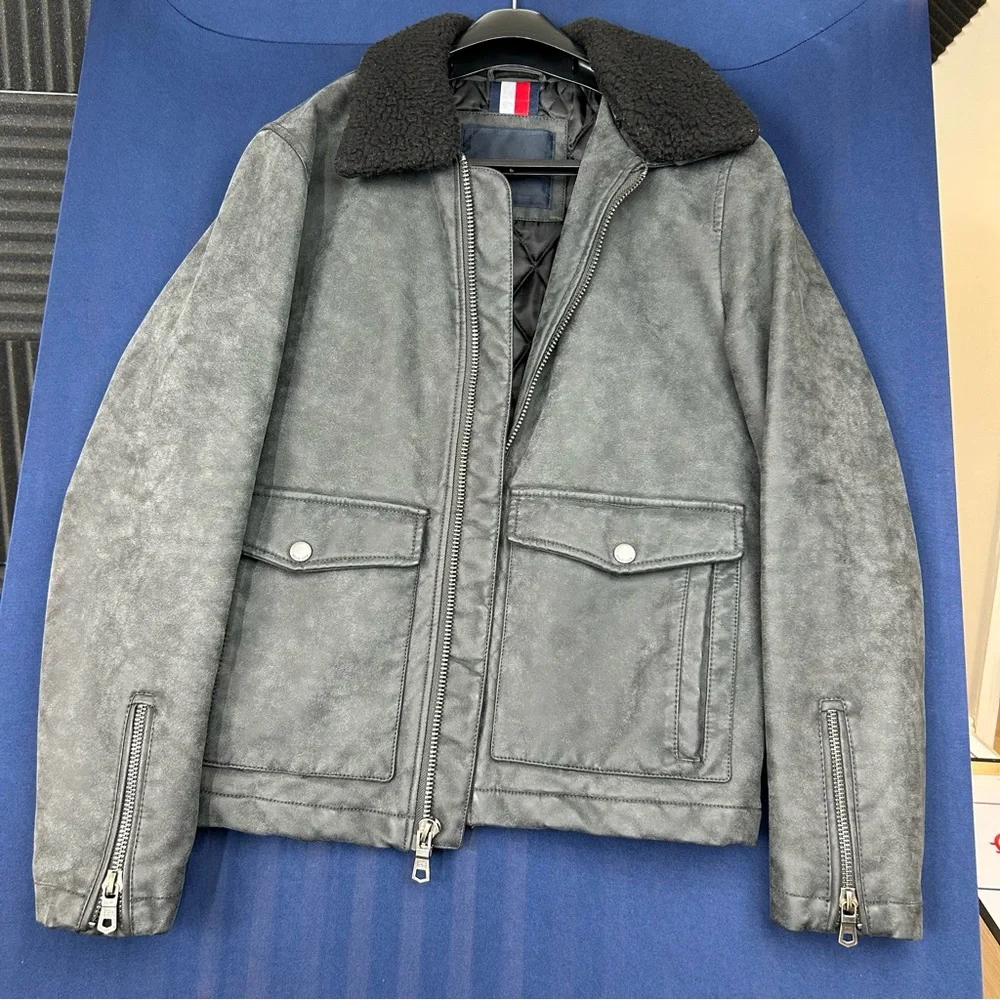 Tommy Hilfiger Men's‎ Faux Leather Moto Jacket Removable Collar