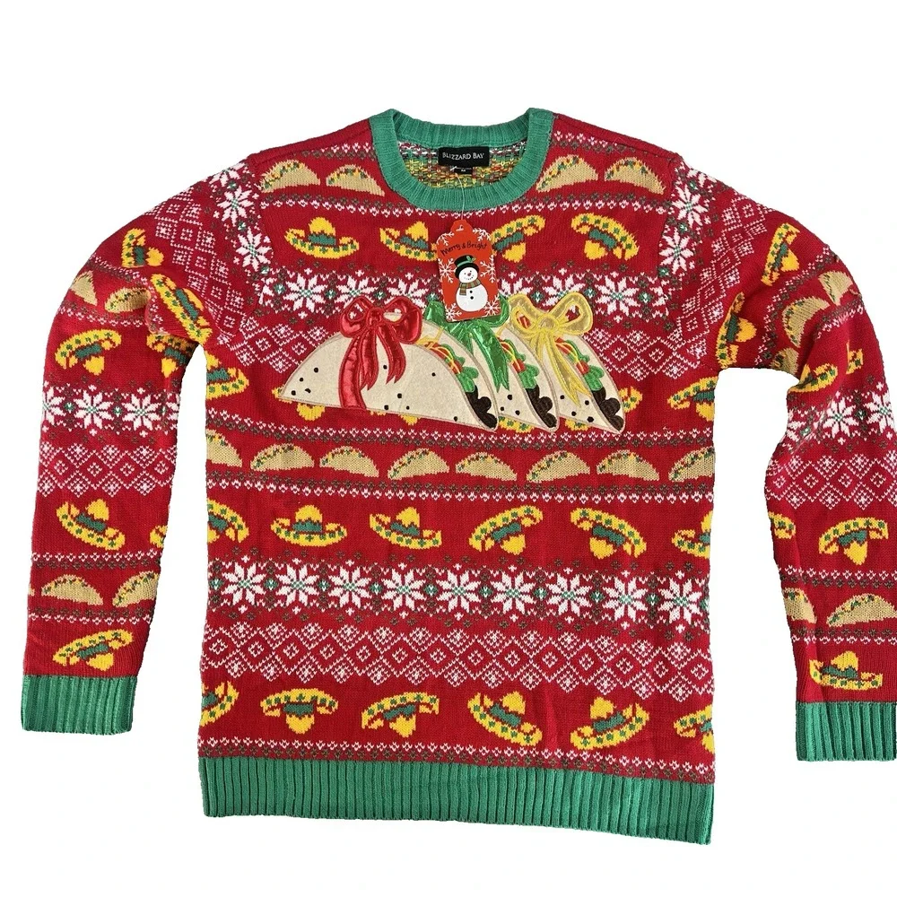 NEW‎ Blizzard Bay Size M Ugly Christmas Sweater TACO Mexican Sombrero snowflake