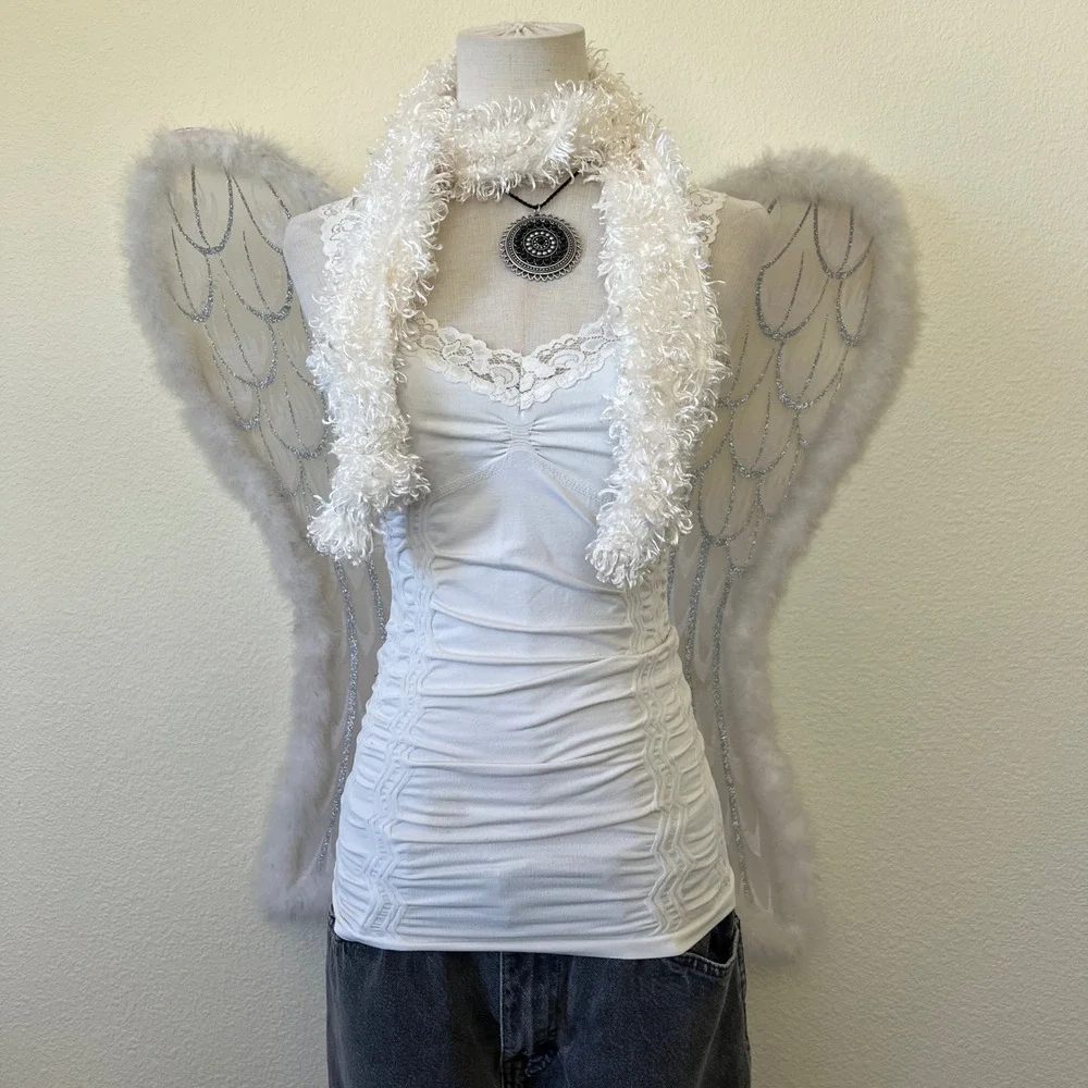 Vtg White Scarf Knit Fuzzy‎ Eyelash Y2K 90s Art Whimsygoth Quirky 90s Small