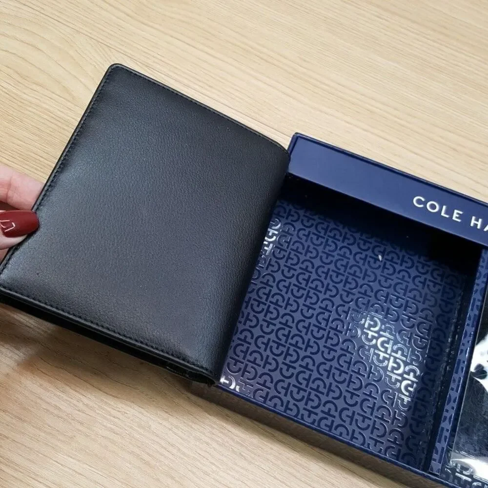 COLE HAAN Passport Wallet Set Black Leather Travel Luggage Tag Gift Box $98