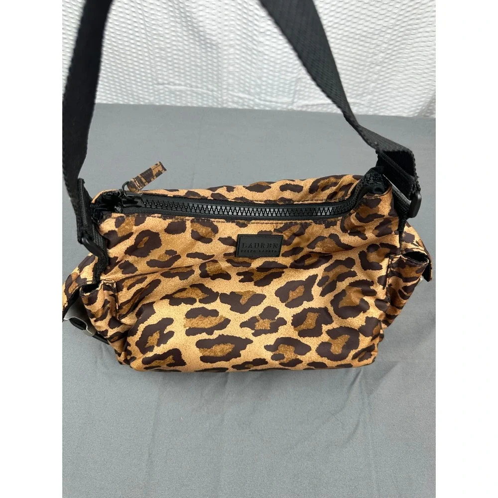 Lauren Ralph Lauren Leopard Print Shoulder Bag Black Strap Zip Close Nylon EUC!
