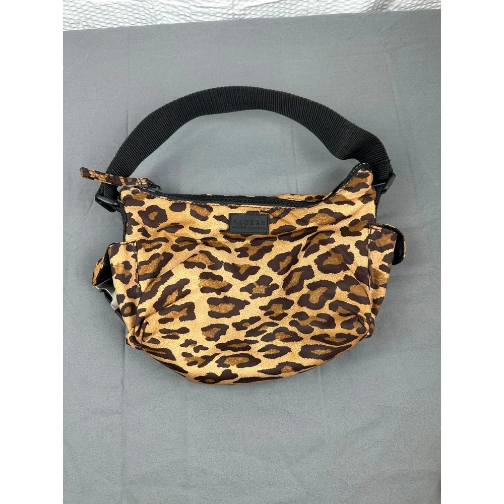 Lauren Ralph Lauren Leopard Print Shoulder Bag Black Strap Zip Close Nylon EUC!