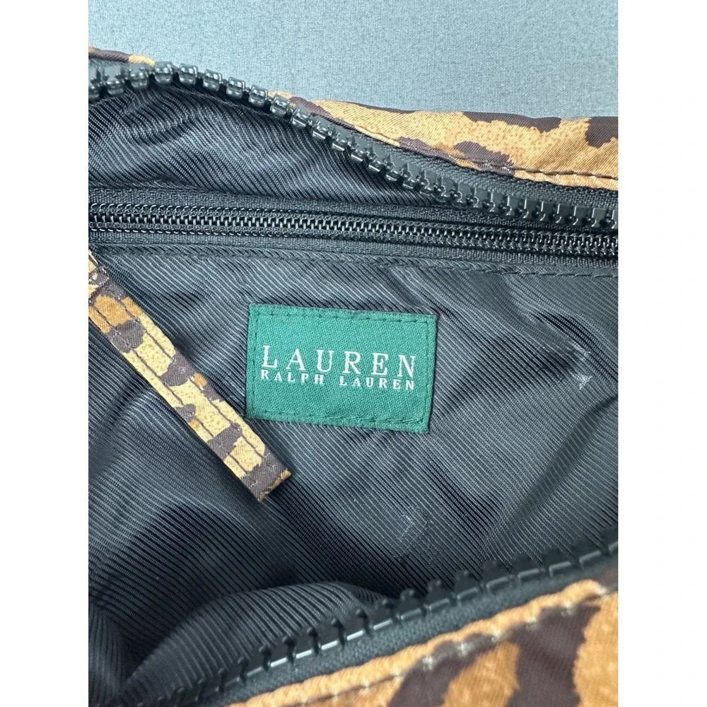 Lauren Ralph Lauren Leopard Print Shoulder Bag Black Strap Zip Close Nylon EUC!