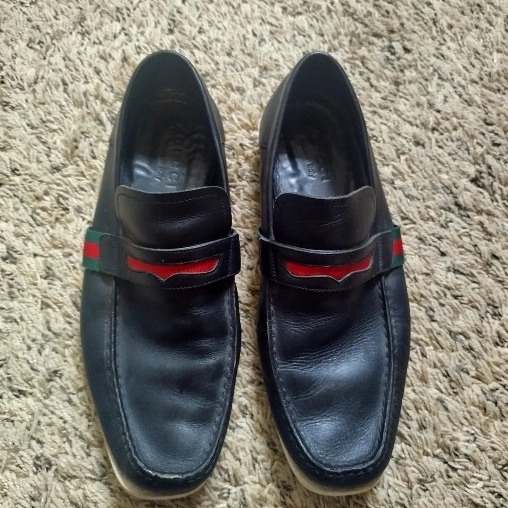GUCCI FLAG Black Leather Boat Deck Loafers sz 9