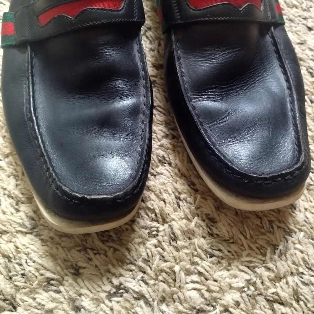 GUCCI FLAG Black Leather Boat Deck Loafers sz 9