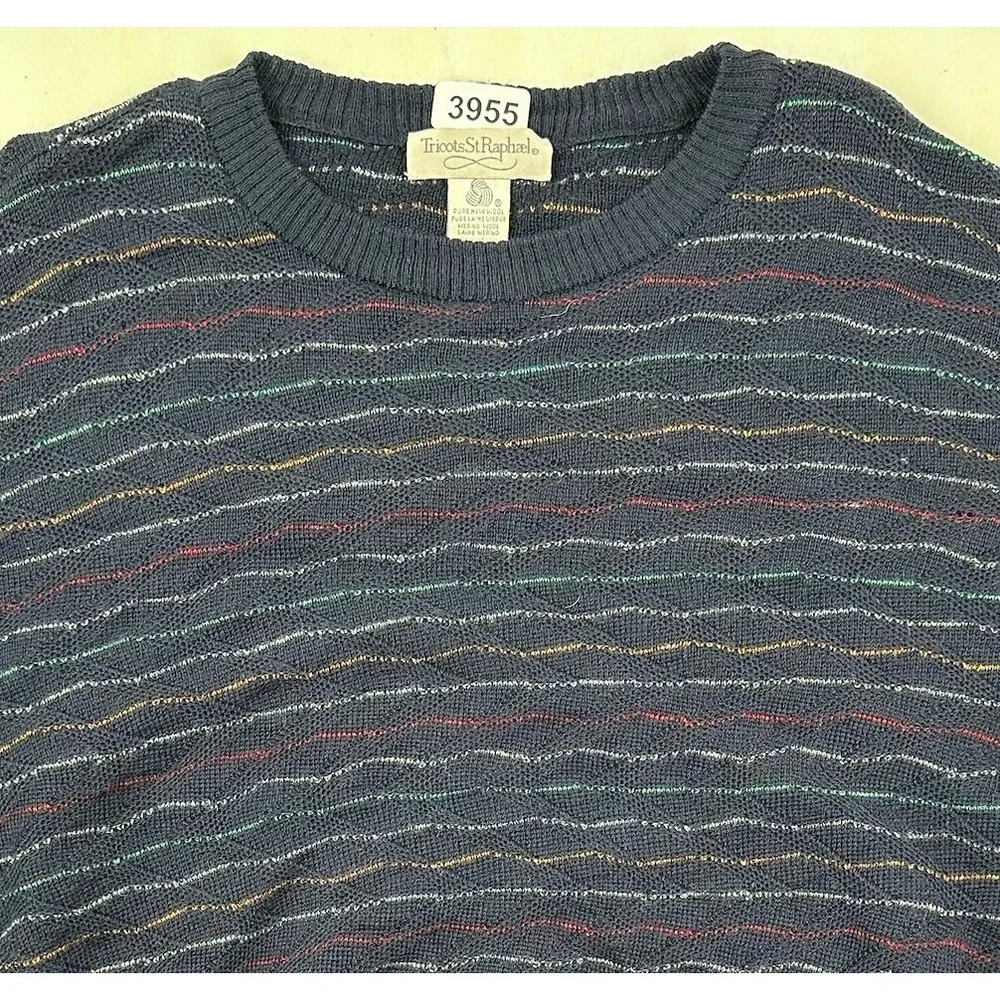 Vintage Tricots St‎ Raphael Grandpa Sweater Mens Large Merino Wool Blue Colorful