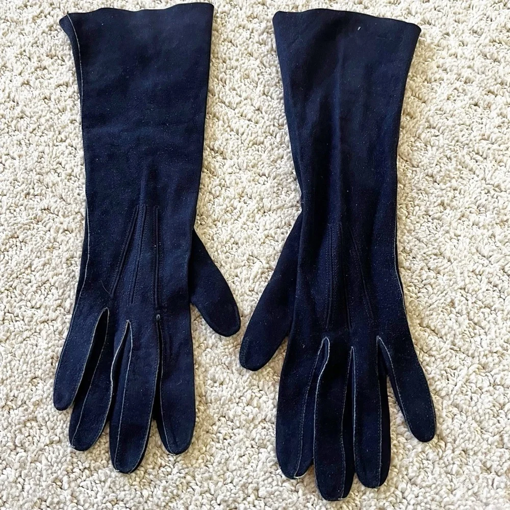 Womens Vintage Blue Suede Leather Gloves Sz 6 Lined Driving Fall Winter Classic