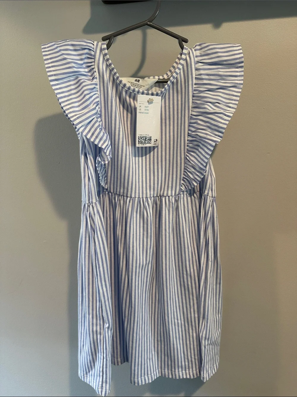 H&M 5T/6 Flutter Sleeve Light Blue & White Stripe Cotton Dress