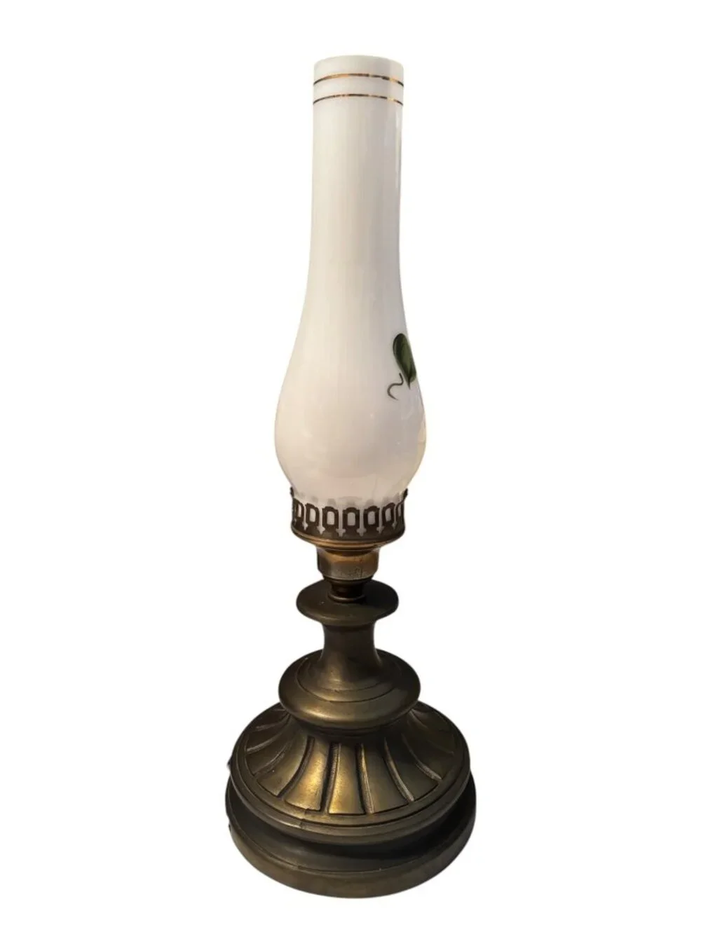 Vtg electric Oil Lamp With Hand-Painted Milk glass Hurricane & Brass Base - Flor