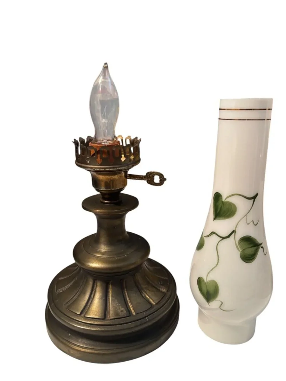 Vtg electric Oil Lamp With Hand-Painted Milk glass Hurricane & Brass Base - Flor