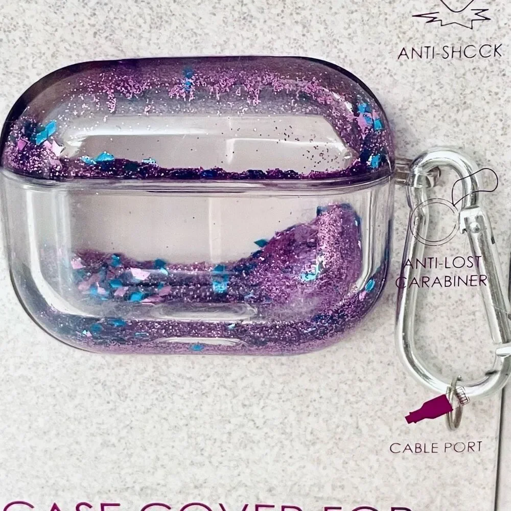 NWT Clear case cover Apple AirPods Pro Purple Glitter cable port Anti shock