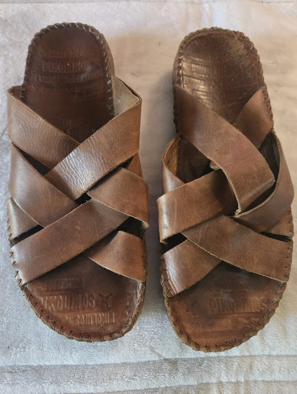 PIKOLINOS Tan Brown Leather Woven Cross-Strap Sandals Size 42/8.5