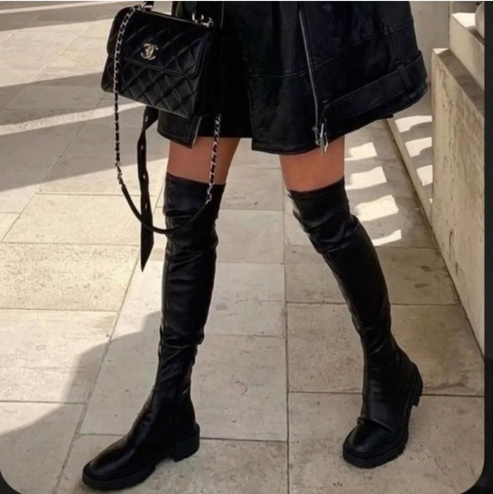 NWT Zara Black over the knee boots flat low heel black size 10/41