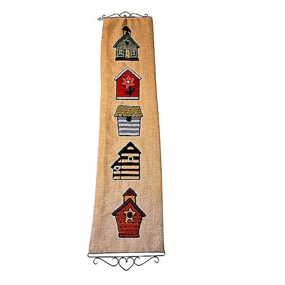 Vintage Needlepoint Birdhouse Bell Pull Wall Hanging Burlap Felt Cottagecore