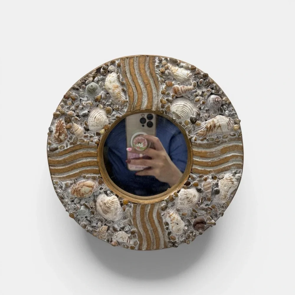 Vintage Handcrafted Seashell Round mirror Coastal Decor Shell and Wave Detail