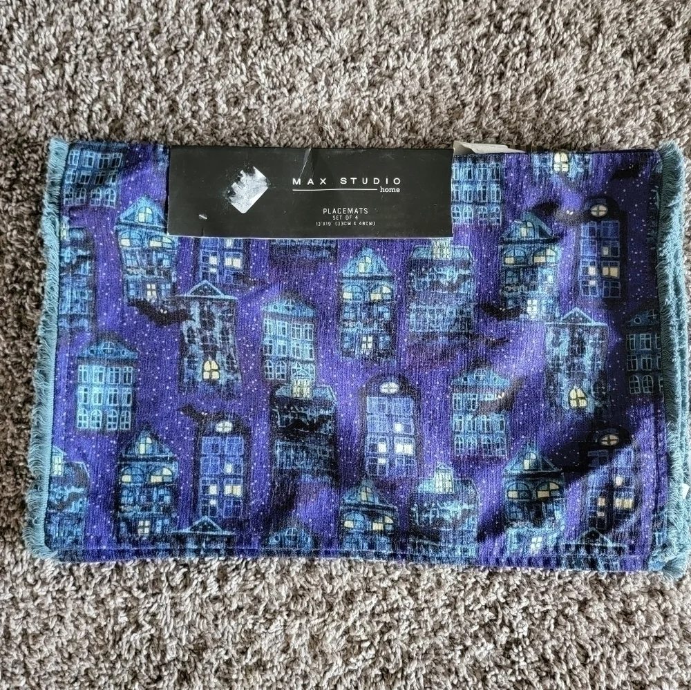 NWT Max Studio Halloween Print City Lights Placemat Set