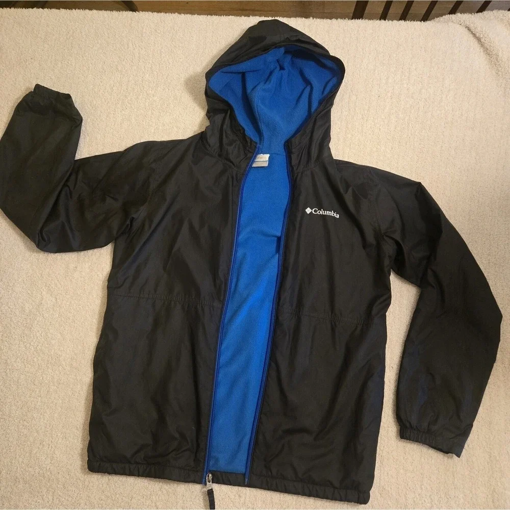 Columbia Kids Windbreaker Jacket Black Blue Fleece Lined Hooded‎ Size L 14/16