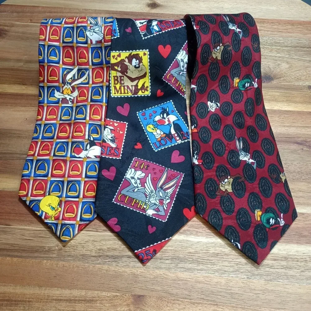 Vintage Lot of 3 Looney Tunes Neck Ties 100% Silk 1994 1995‎ Novelty Cartoon