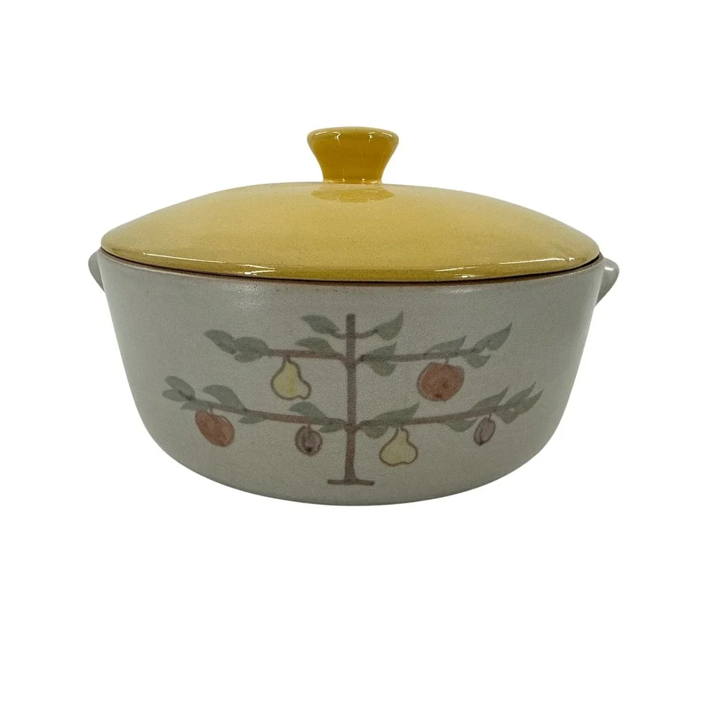 Vintage Fruit Tree Stoneware Casserole Dish with Yellow‎ Lid and Side Handles