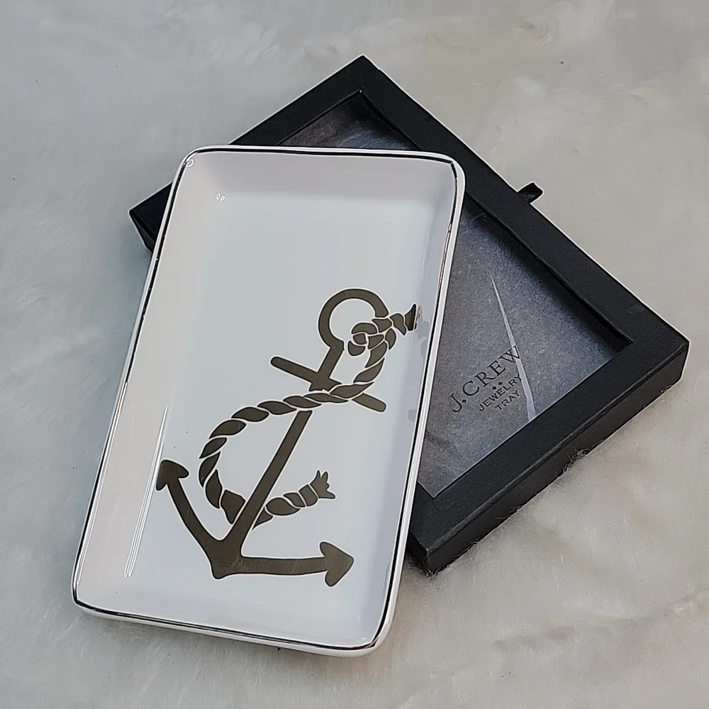 J.CREW NeW White Silver Printed Anchor Nautical Preppy Boho Jewelry Trinket Tray