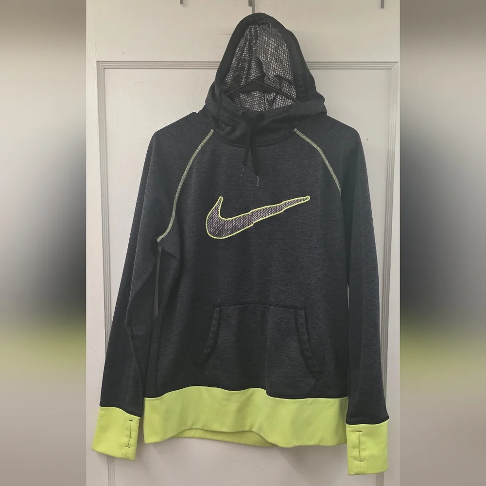 Nike Therma Fit Hoodie Dark Grey Volt Green Swoosh Size L