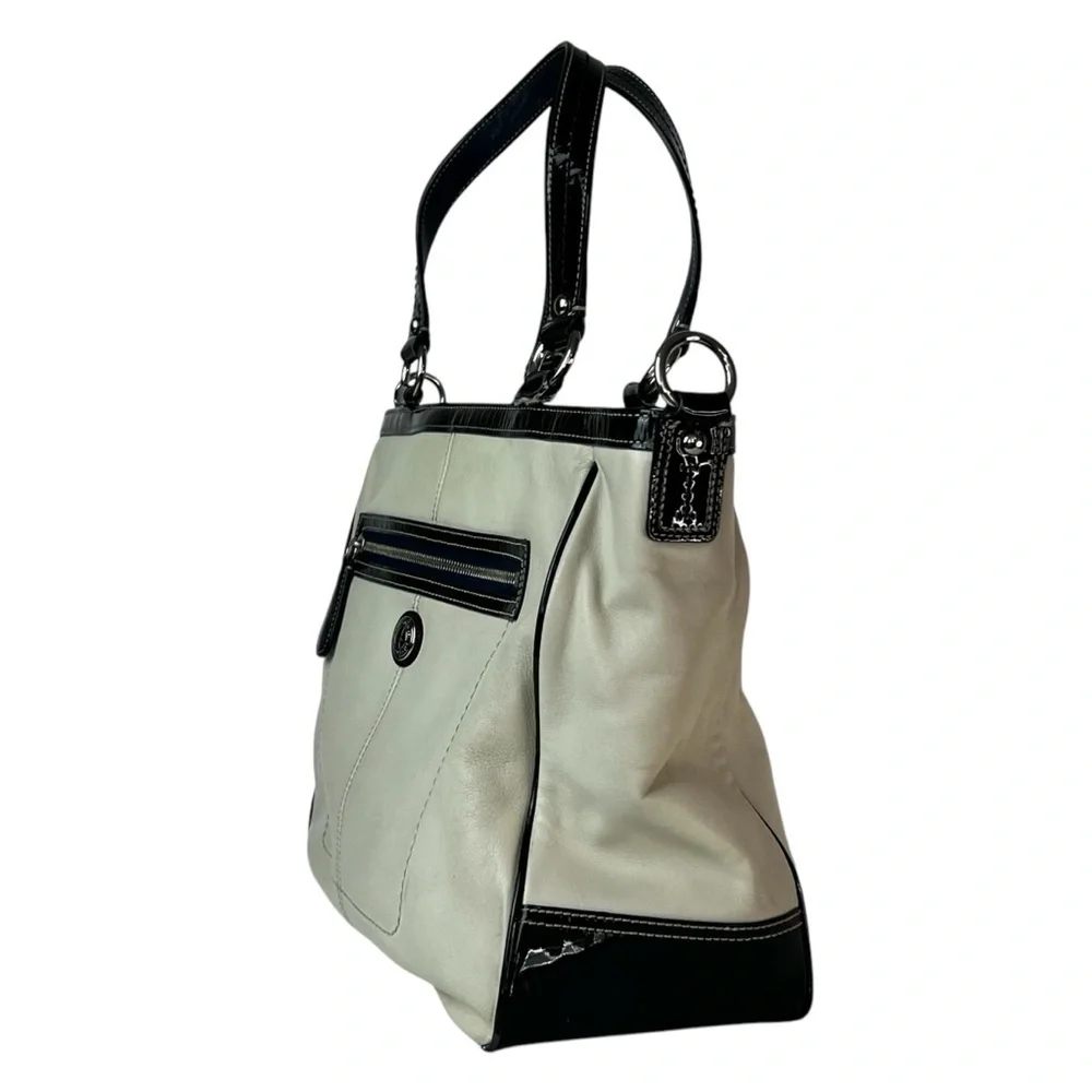 Coach Laura North South Leather Shoulder Bag Off White Black Trim Purse FLAW