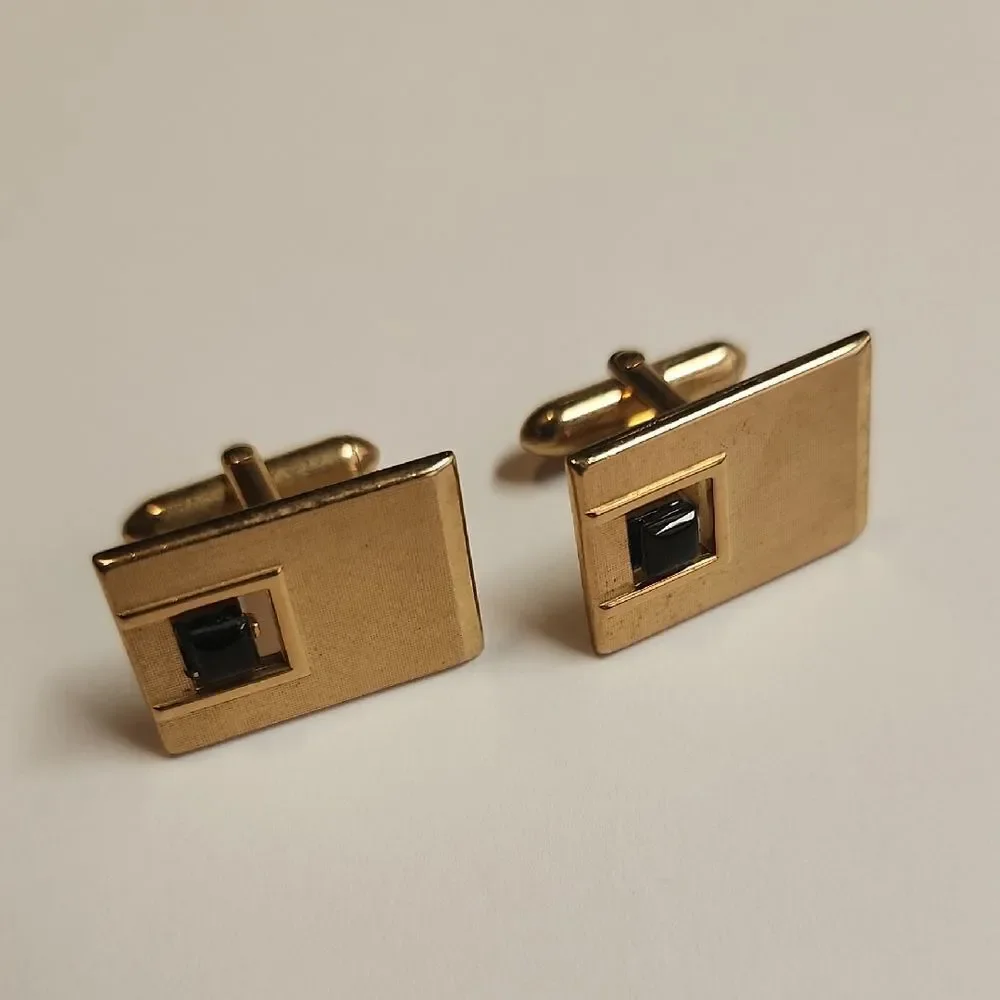 Mid Century SWANK Gold Tone Cufflinks with Black Accent