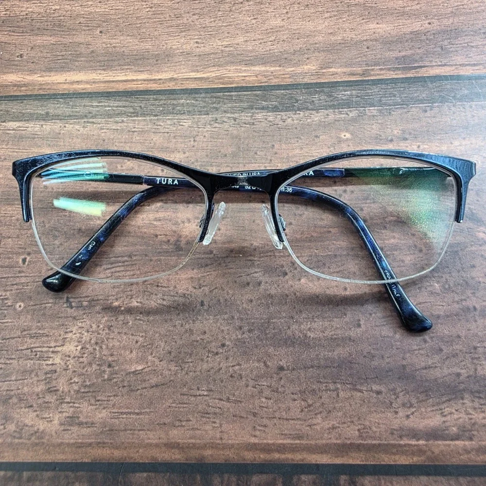 Tura TE247 Navy Blue Semi Rimless Cat Eye Eyeglasses Crystal Temples 52-18-135