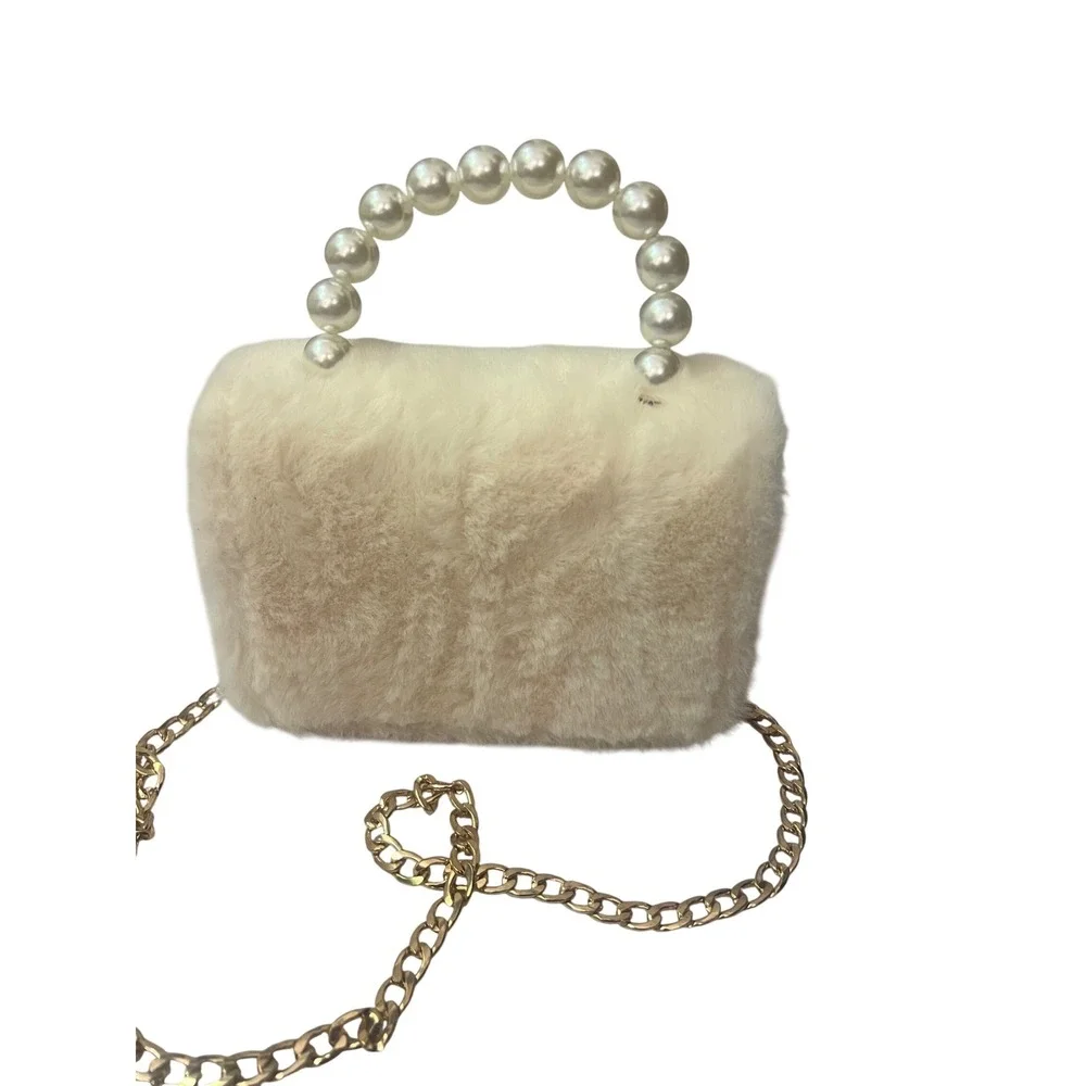 Doe a Dear Girls Faux Fur Teddy Bear Ballerina Crossbody Bag Pearl Handle Cream