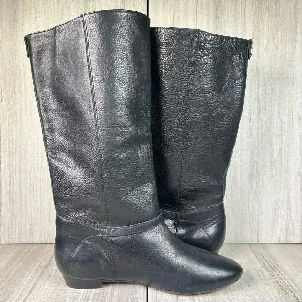 Frye Bonnie Black Leather Low Heel Flat Mid Calf Tall Ring Boots Women’s Size 6