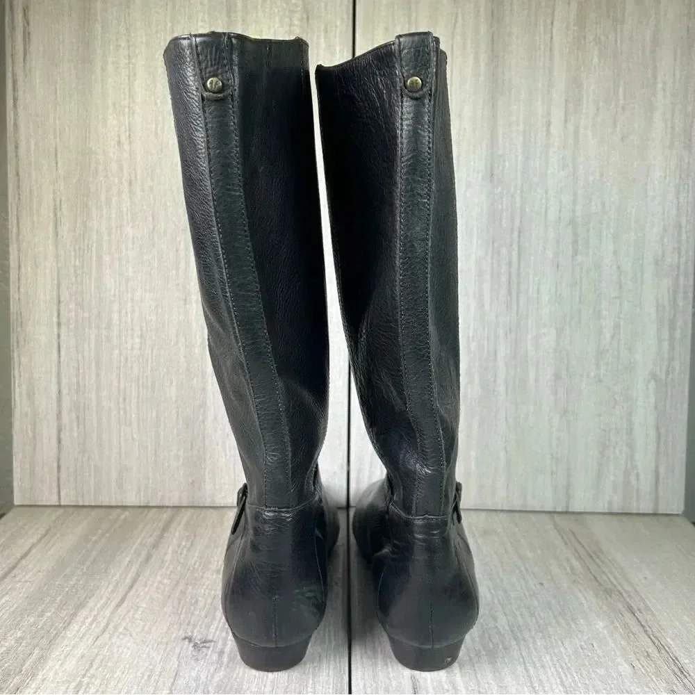 Frye Bonnie Black Leather Low Heel Flat Mid Calf Tall Ring Boots Women’s Size 6