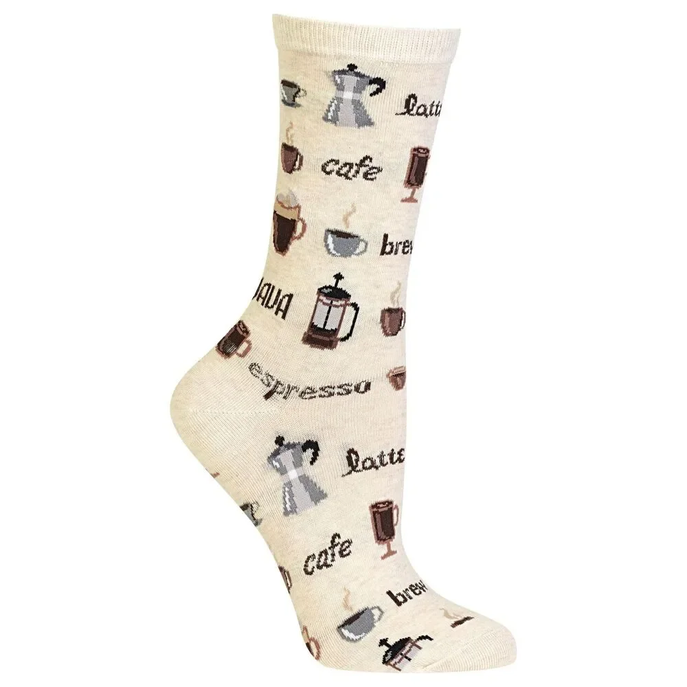 New HotSox Women Coffee‎ Crew Socks Size 4-10.5 Espresso Cafe French Press